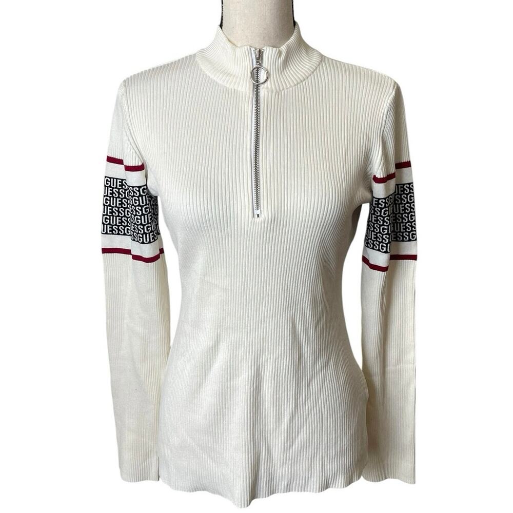 Guess Ribbed 1/4 Zip Mock Neck Ribbed Off White Sweater Logo Large Sporty Chic